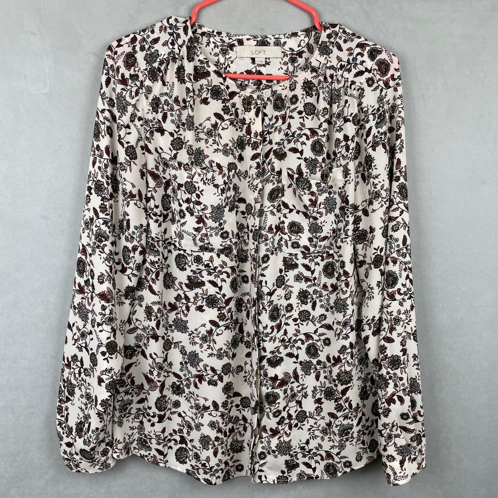 Loft Womens S Cream Floral Boho Long Sleeve Button Front Utility Blouse Pockets